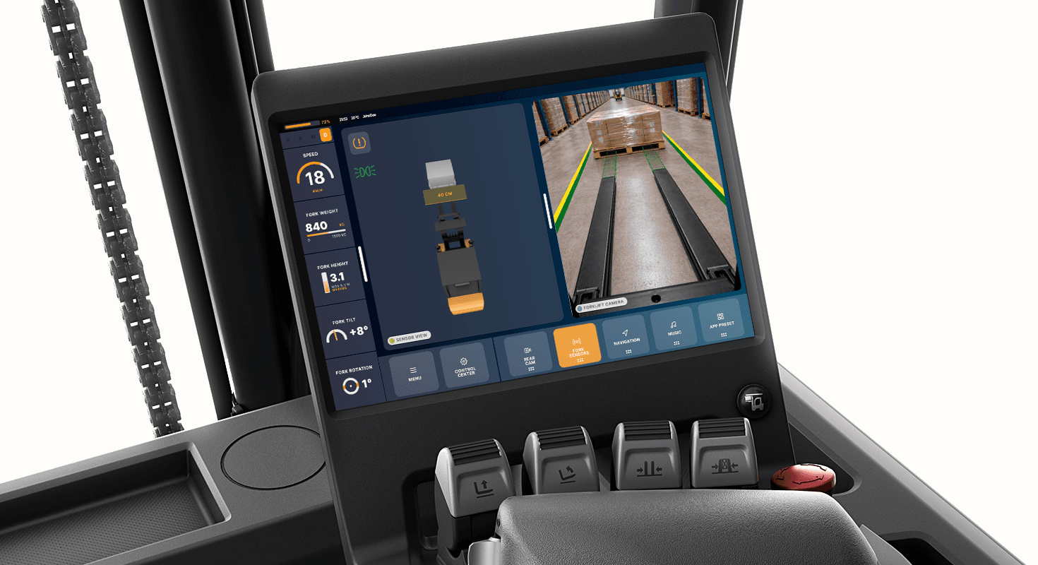 View from the forklift cabin showing the HMI screen in context