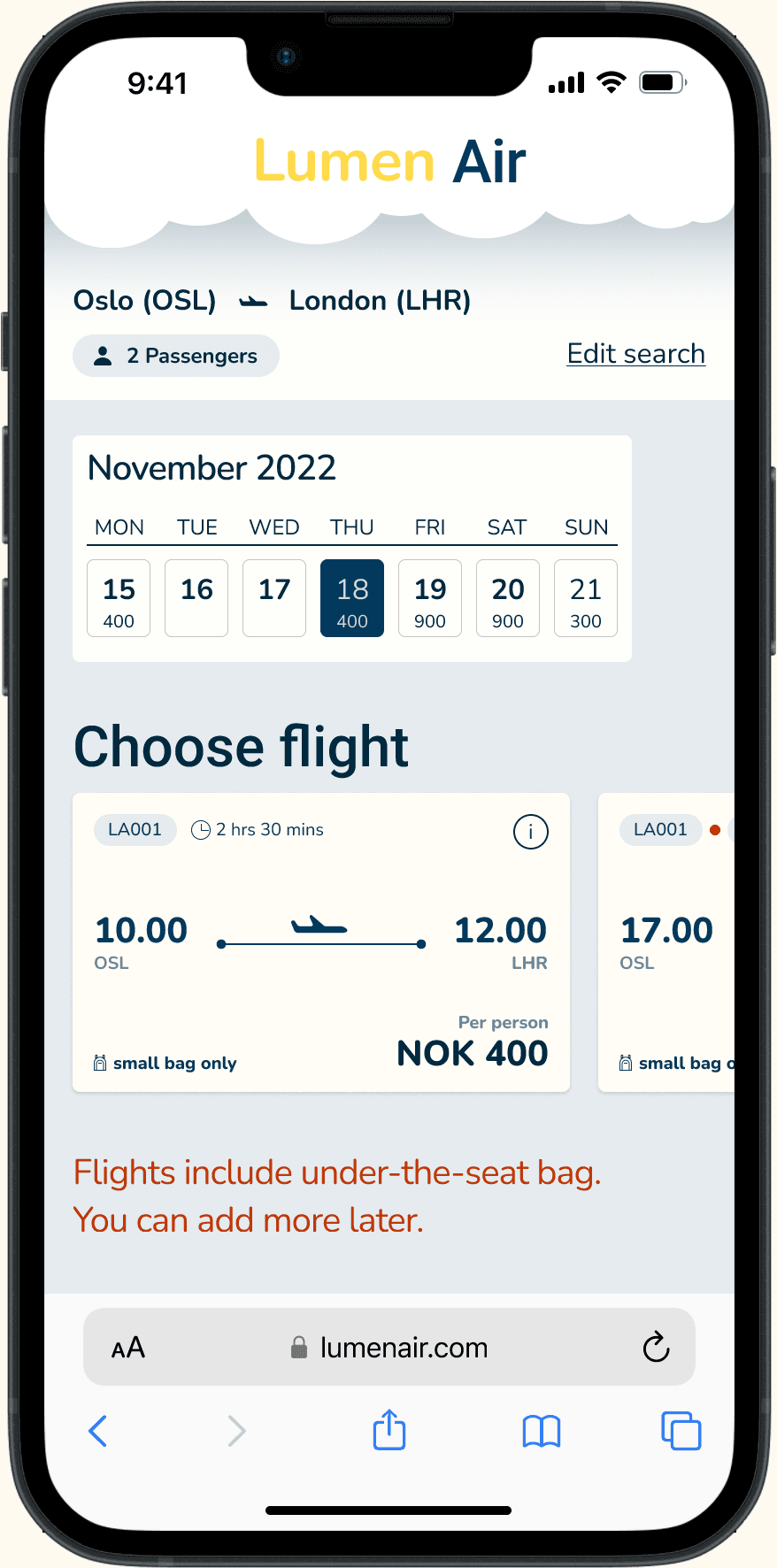 Choose outbound flight screen — calendar with prices, flight cards in a horizontal carousel