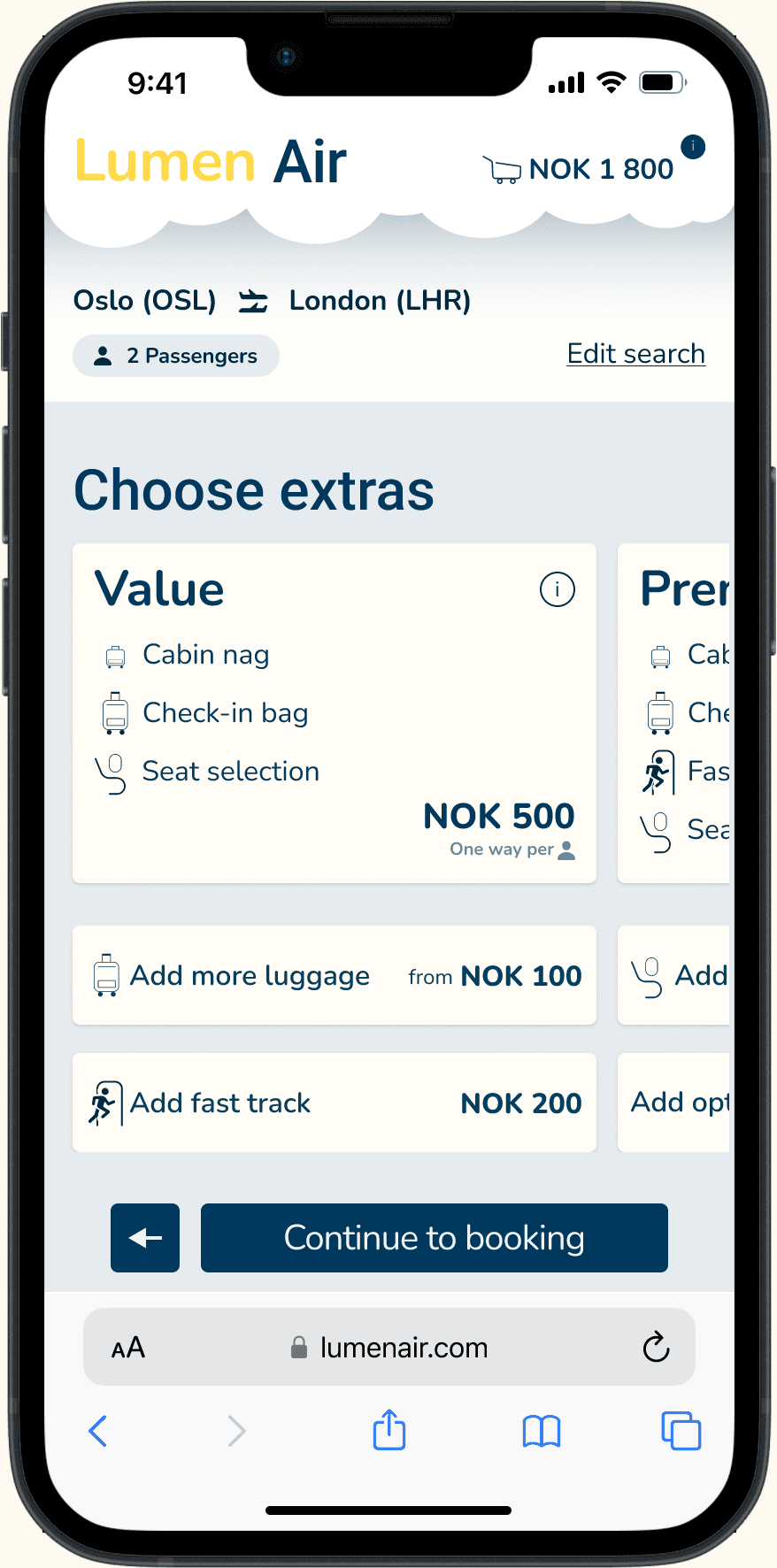 Choose extras screen — Value bundle selected, individual add-ons listed below