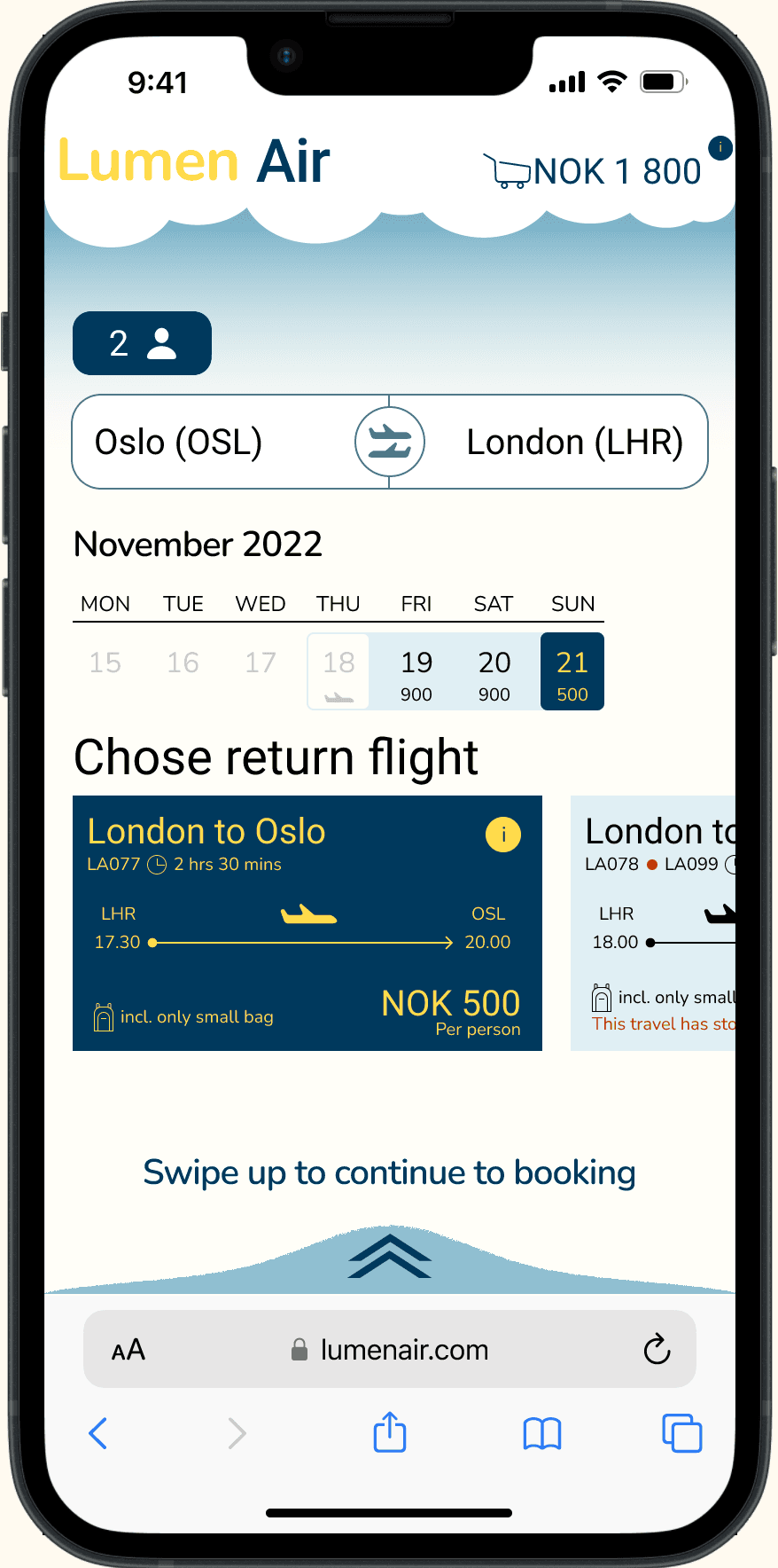 Early prototype showing 'Swipe up to continue to booking' prompt with animated chevron at the bottom of the screen