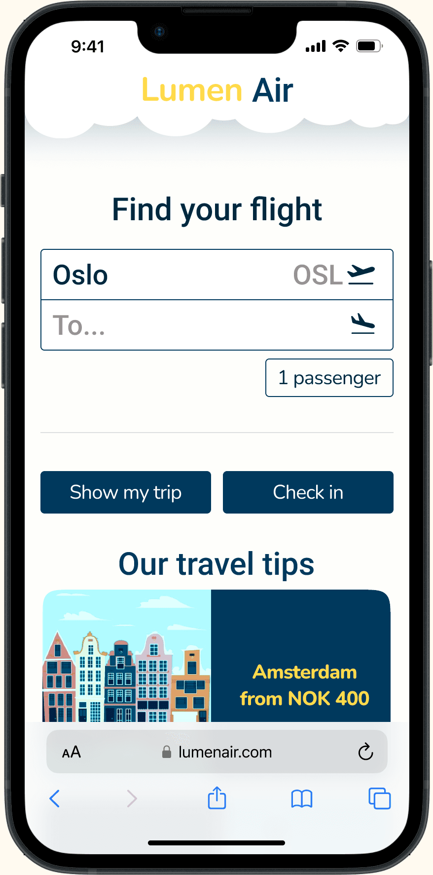 Home screen showing search fields and flat action buttons with verb-led labels