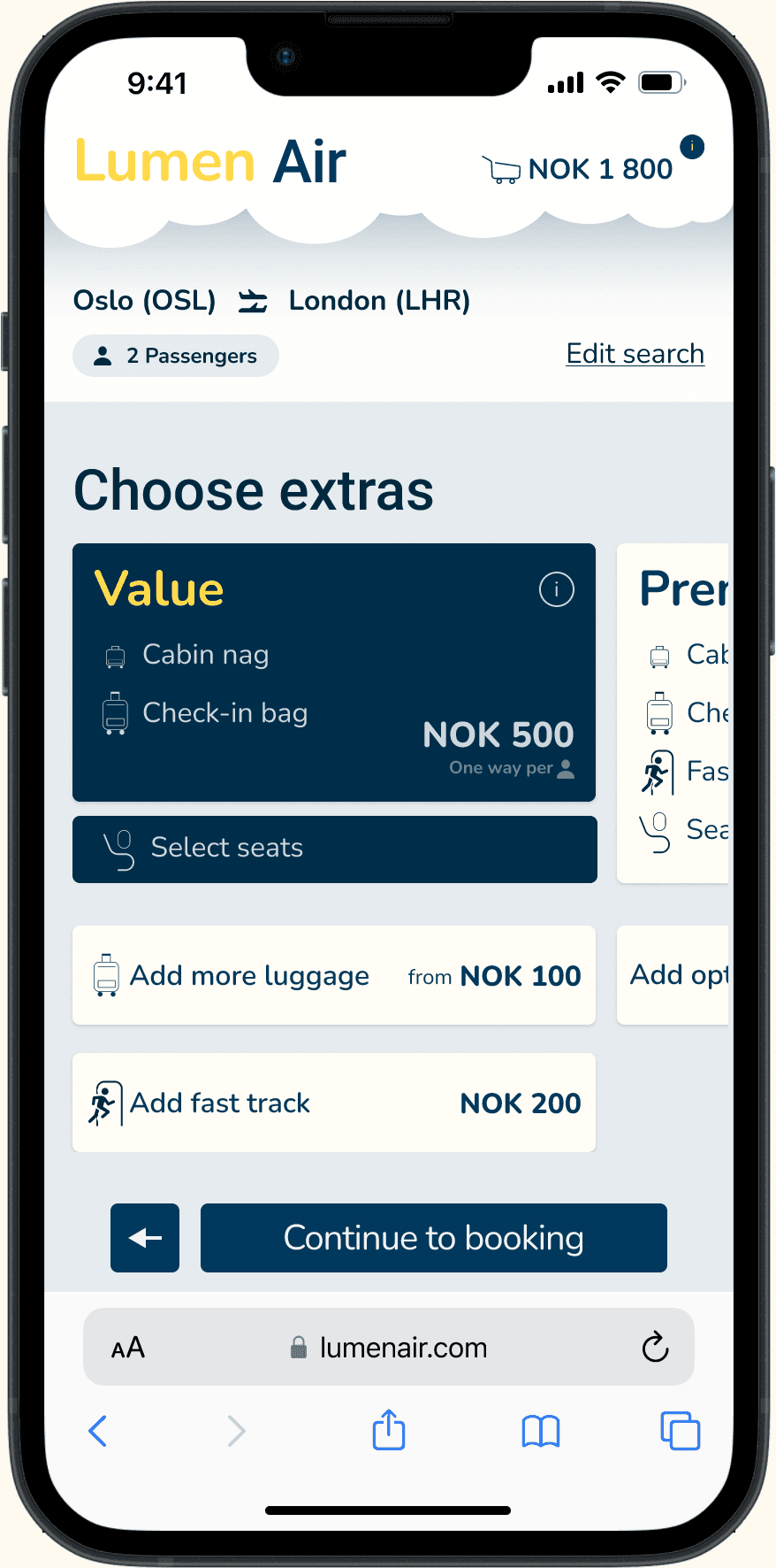 Extras screen with a selected bundle shown in dark background for clear visual distinction